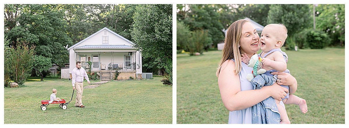 laughing baby and mother, green grass, house, family photography chattanooga, newborn baby photo, signal mountain