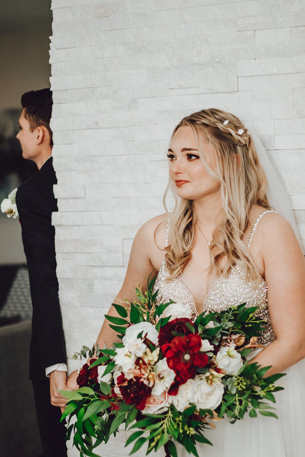 ALT= "BRIDE AND GROOM FIRST LOOK, FIRST TOUCH, AROUND THE CORNER"