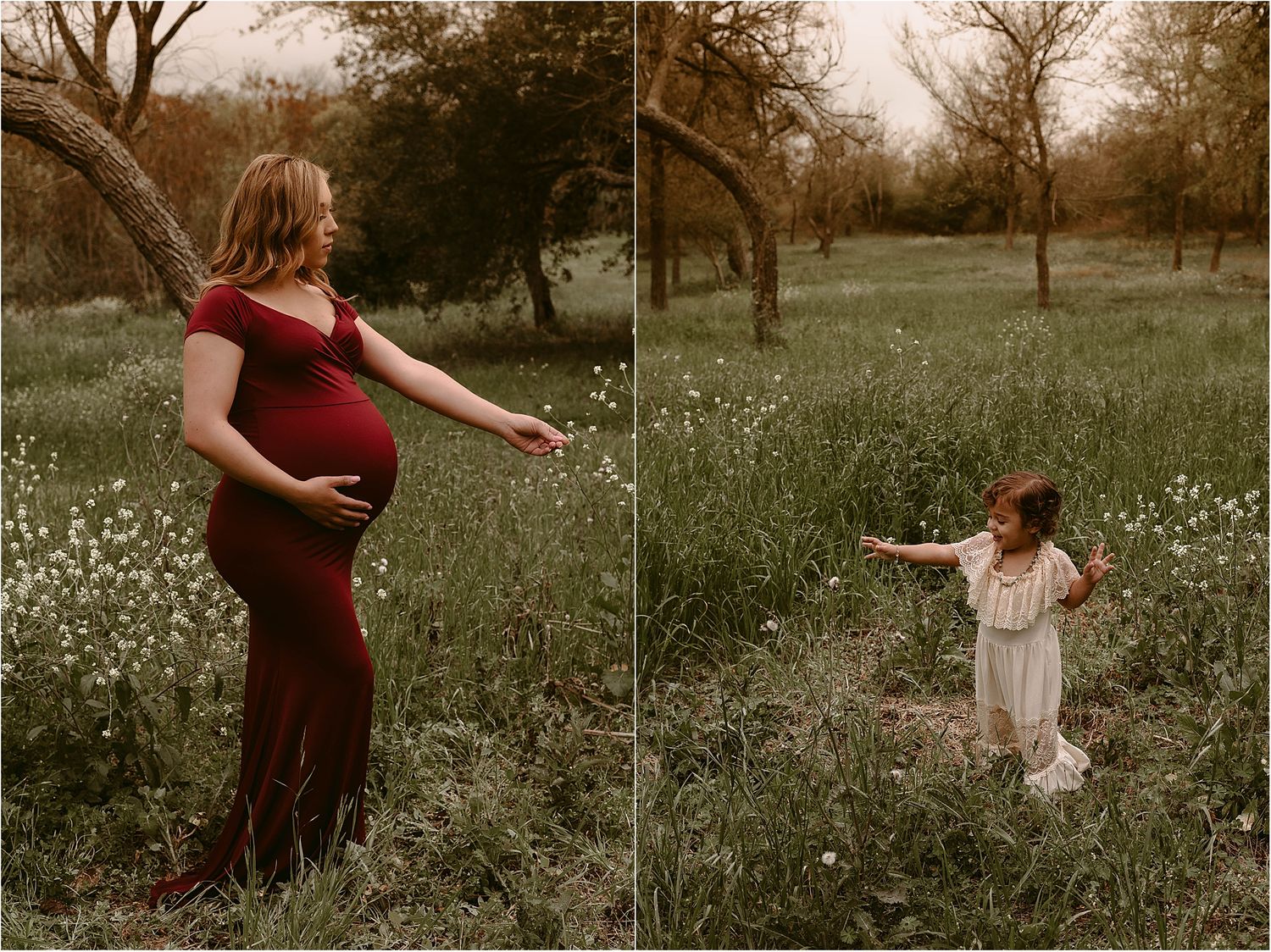 Beautiful maternity session in wildflower field captures mother and child playing together.