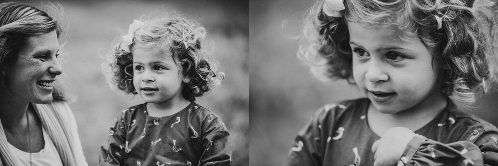 Black and white diptych of intimate family moments captured during an outdoor photo session.