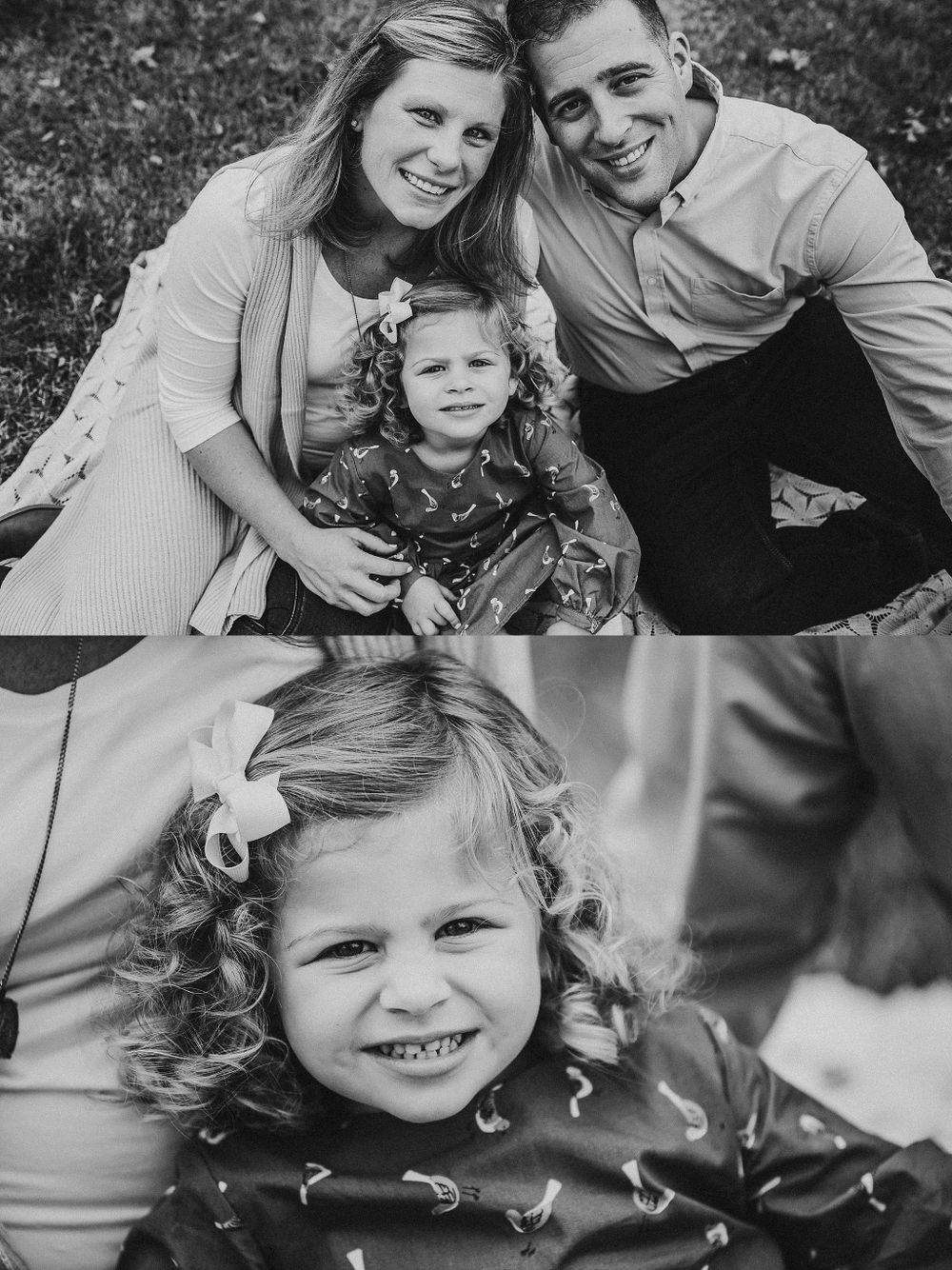 Black and white collage of joyful family portraits taken during an outdoor autumn session.