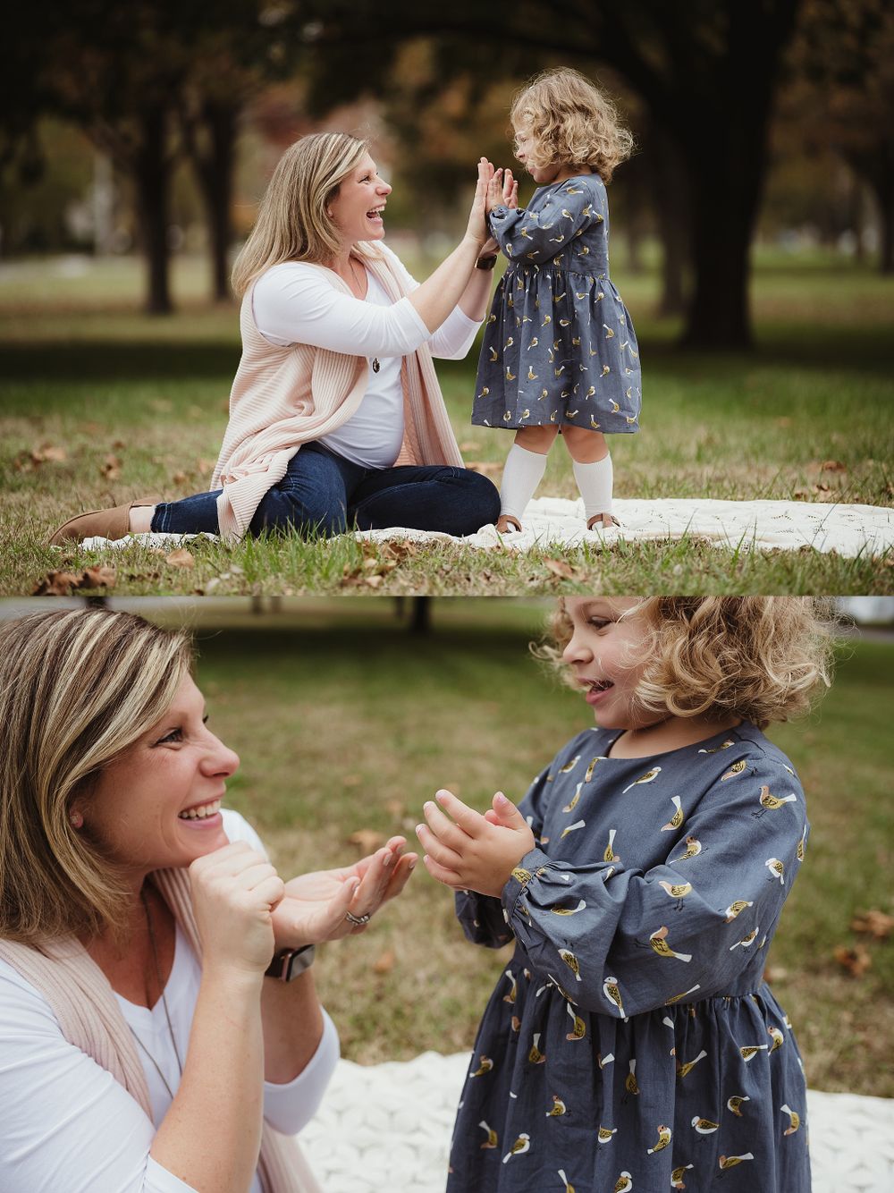 Candid moments of interaction between family members during an outdoor photo session.