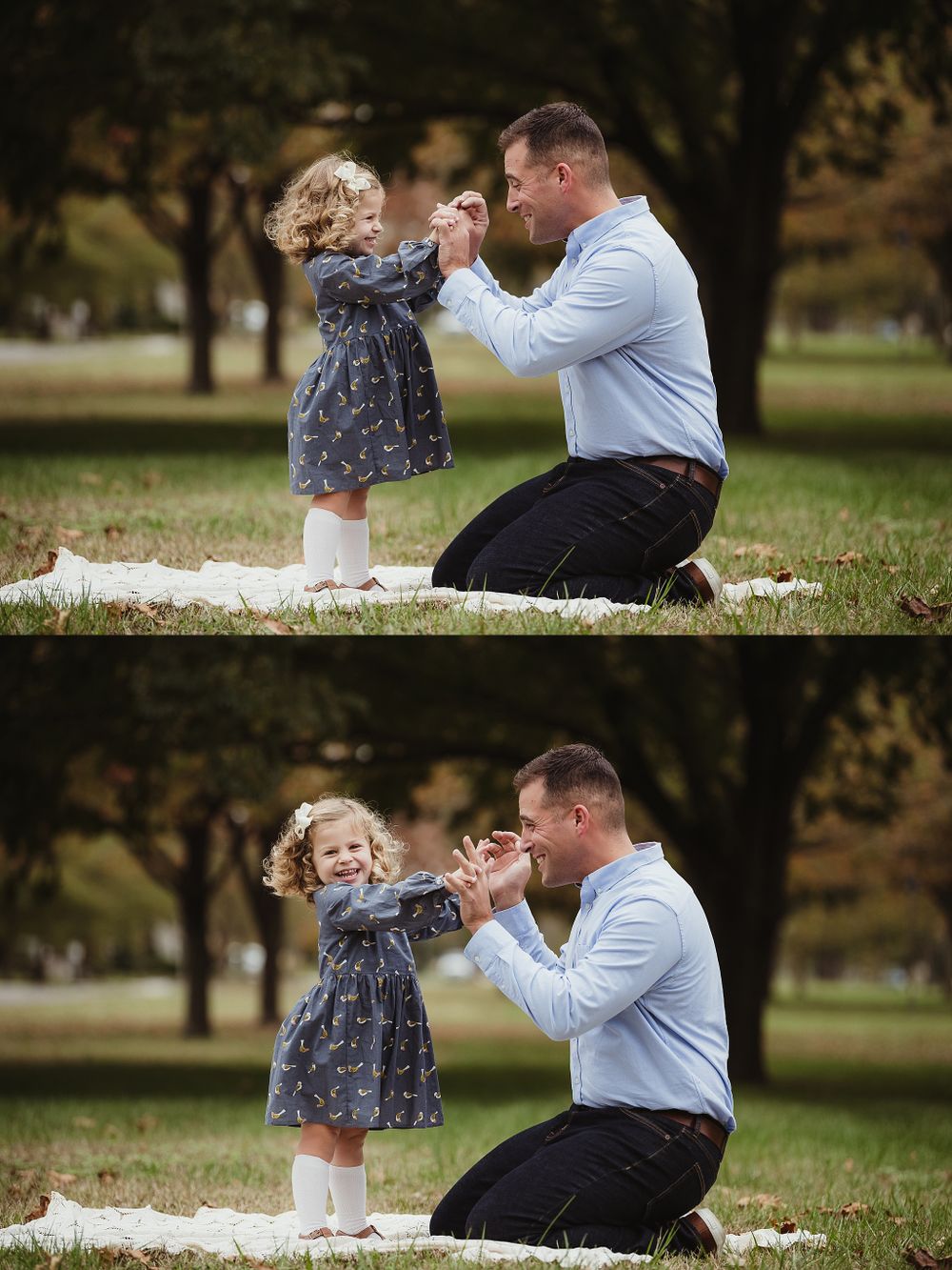 Sweet interaction between family members playing together during an outdoor photo session.