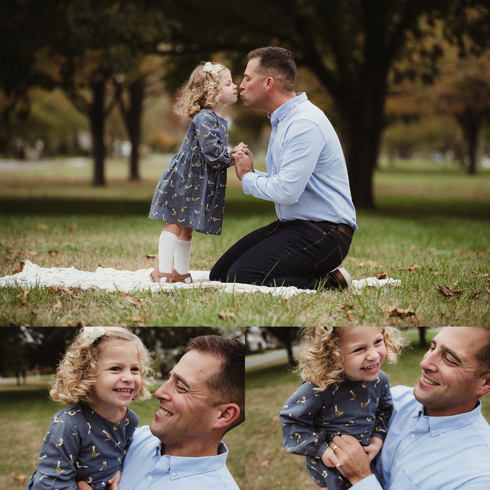 A touching outdoor family portrait session showing tender moments between child and parent in a park setting.