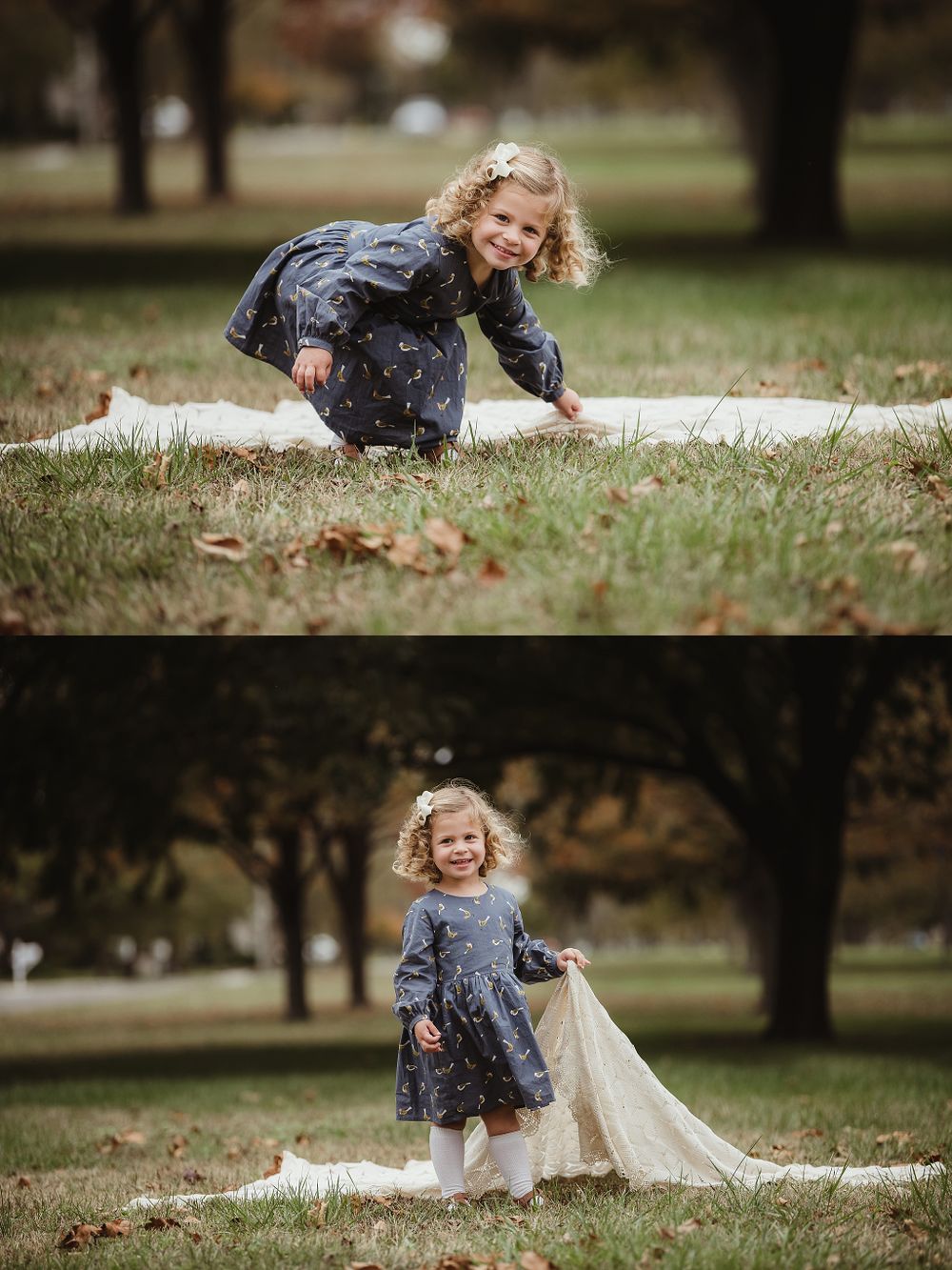 A series of candid shots showing a child playing with a blanket on grass in an autumn park.