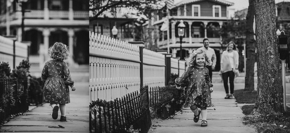 A black and white diptych showing a child exploring along a Victorian-style fence.