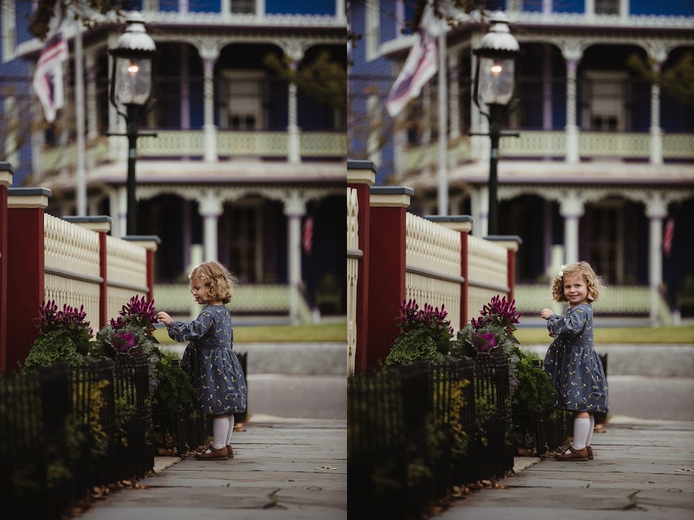 Diptych of a child looking through wrought iron fence with historic Victorian building in background.