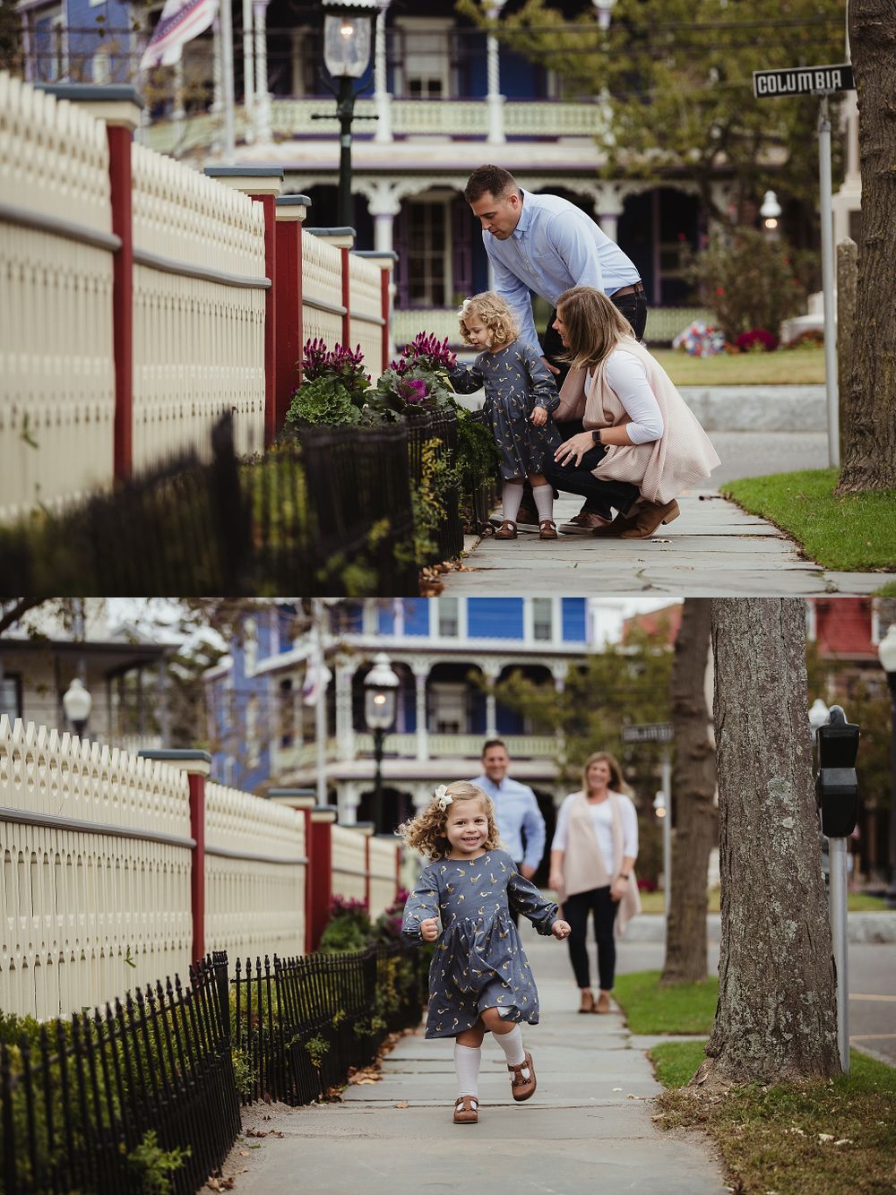 Family photoshoot showing playful moments near a historic building with ornate architecture.