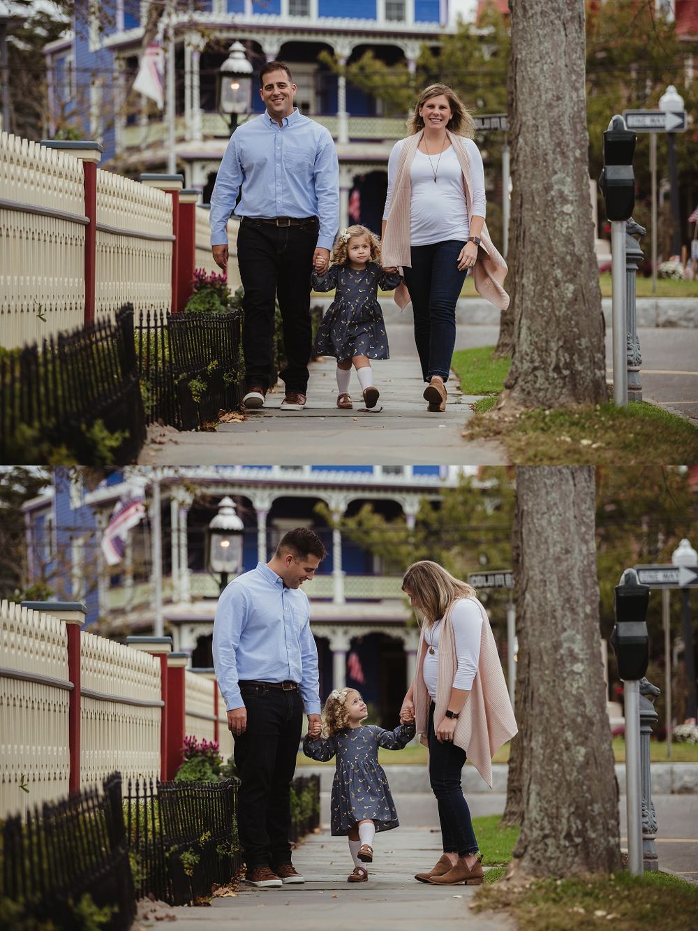 Split image showing family walking together along historic fenced pathway.