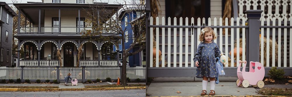 A charming Victorian house exterior with ornate railings and a delightful playful scene on the porch.