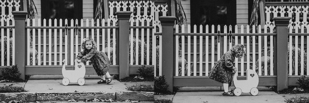Black and white photos of a child playing on a Victorian porch with white picket fencing.