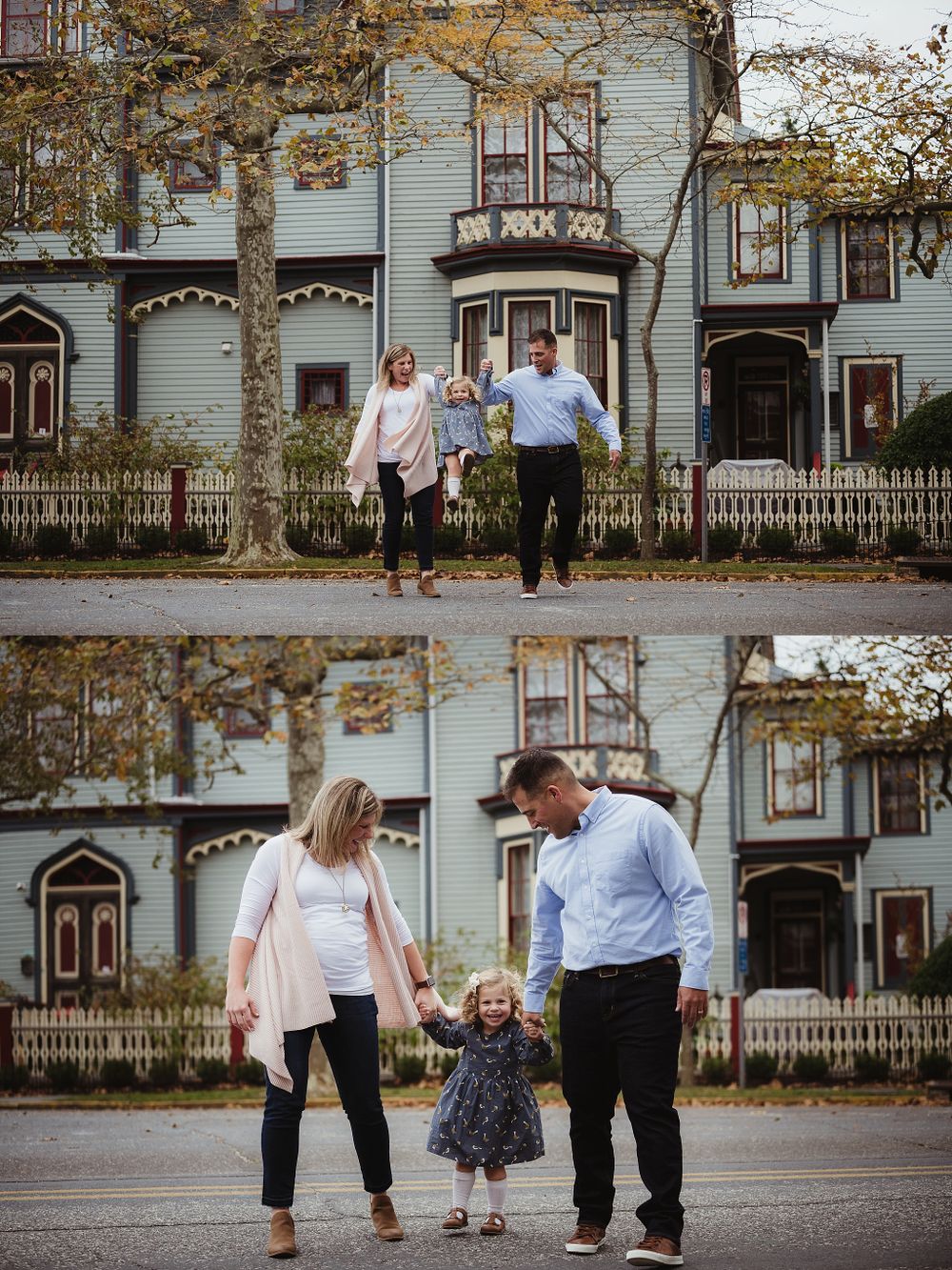 Lifestyle family photoshoot in front of a historic Victorian home with fall foliage.