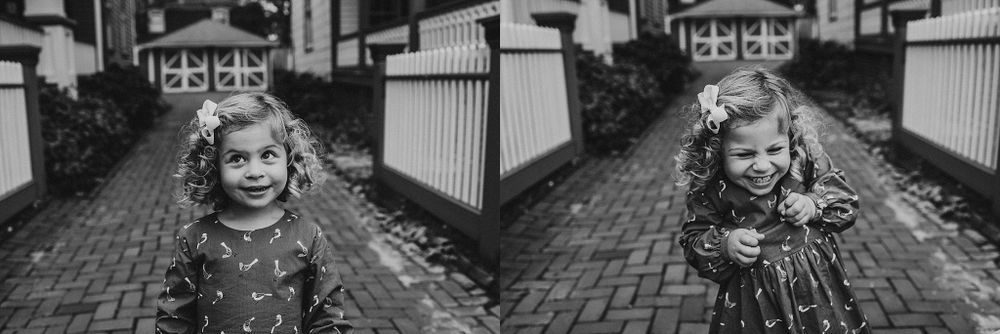 Black and white diptych of a child in a dress playing outdoors with joyful expressions.