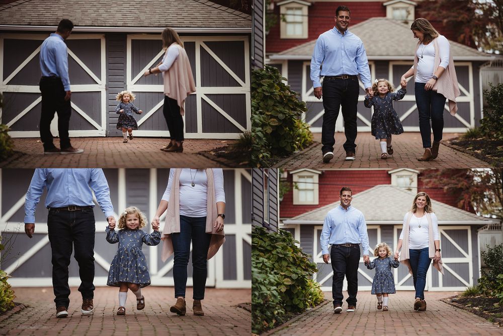 Collection of candid family walking photos on a brick pathway near a garage.