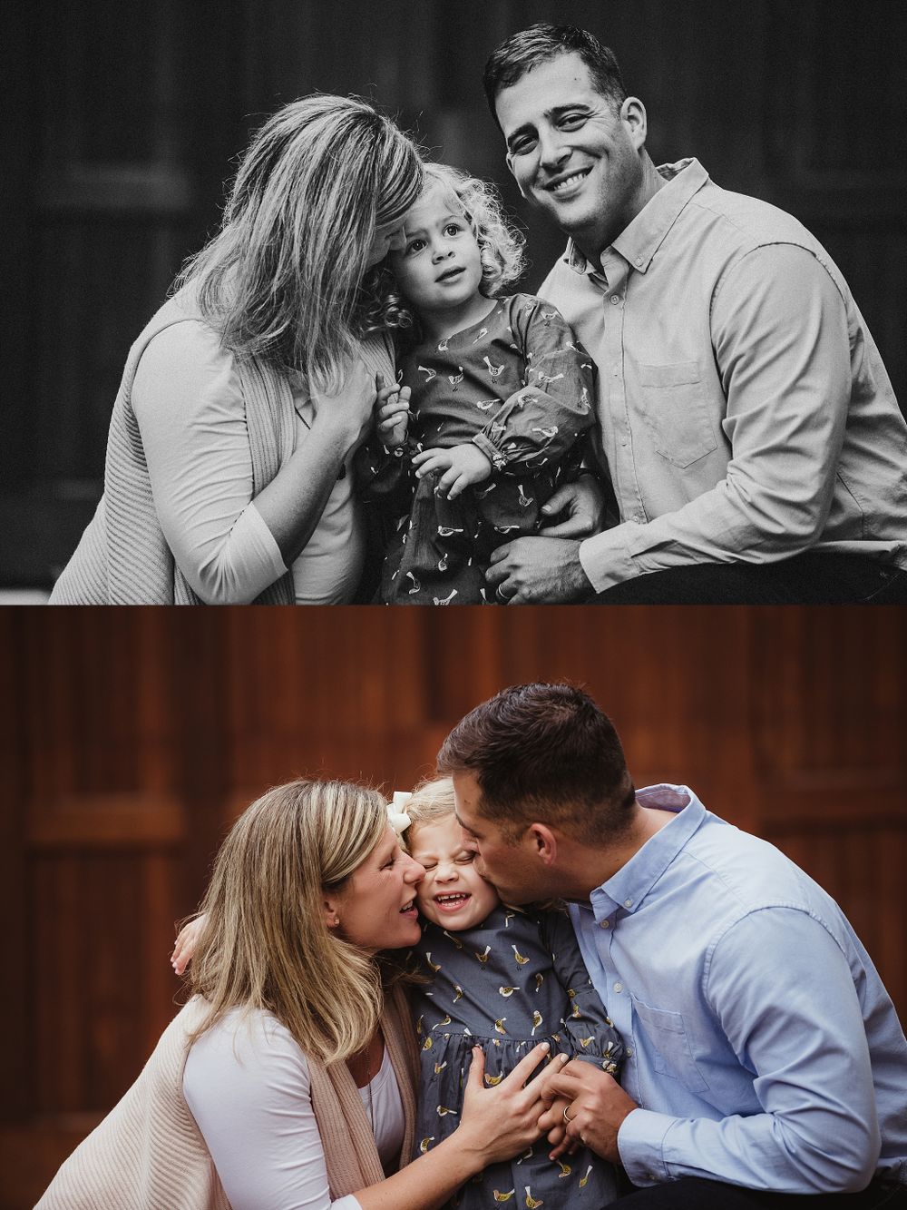 Black and white candid family portrait showing joyful moments and laughter together.