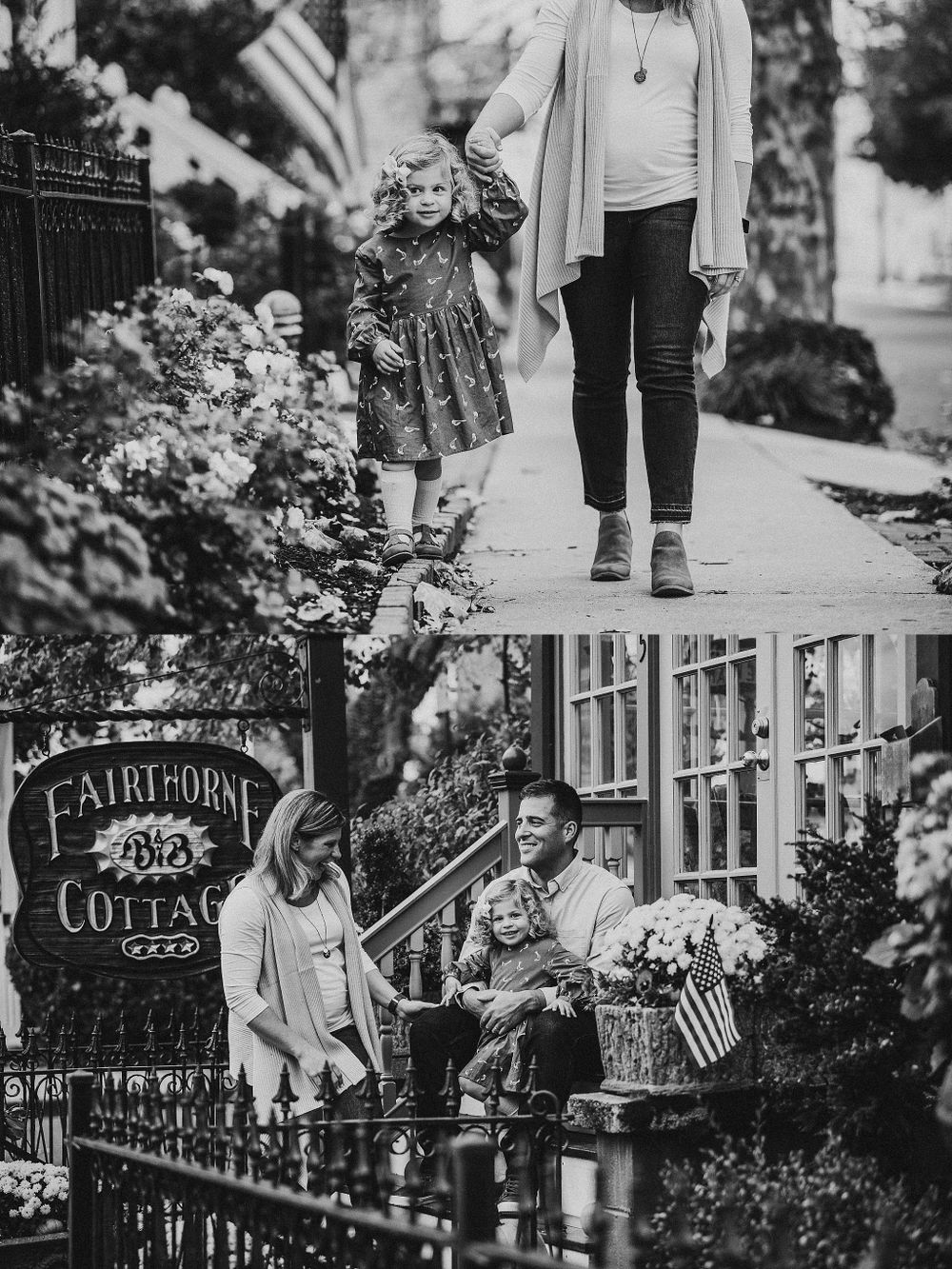 Collection of black and white family moments at a cottage with flowers and gardens.