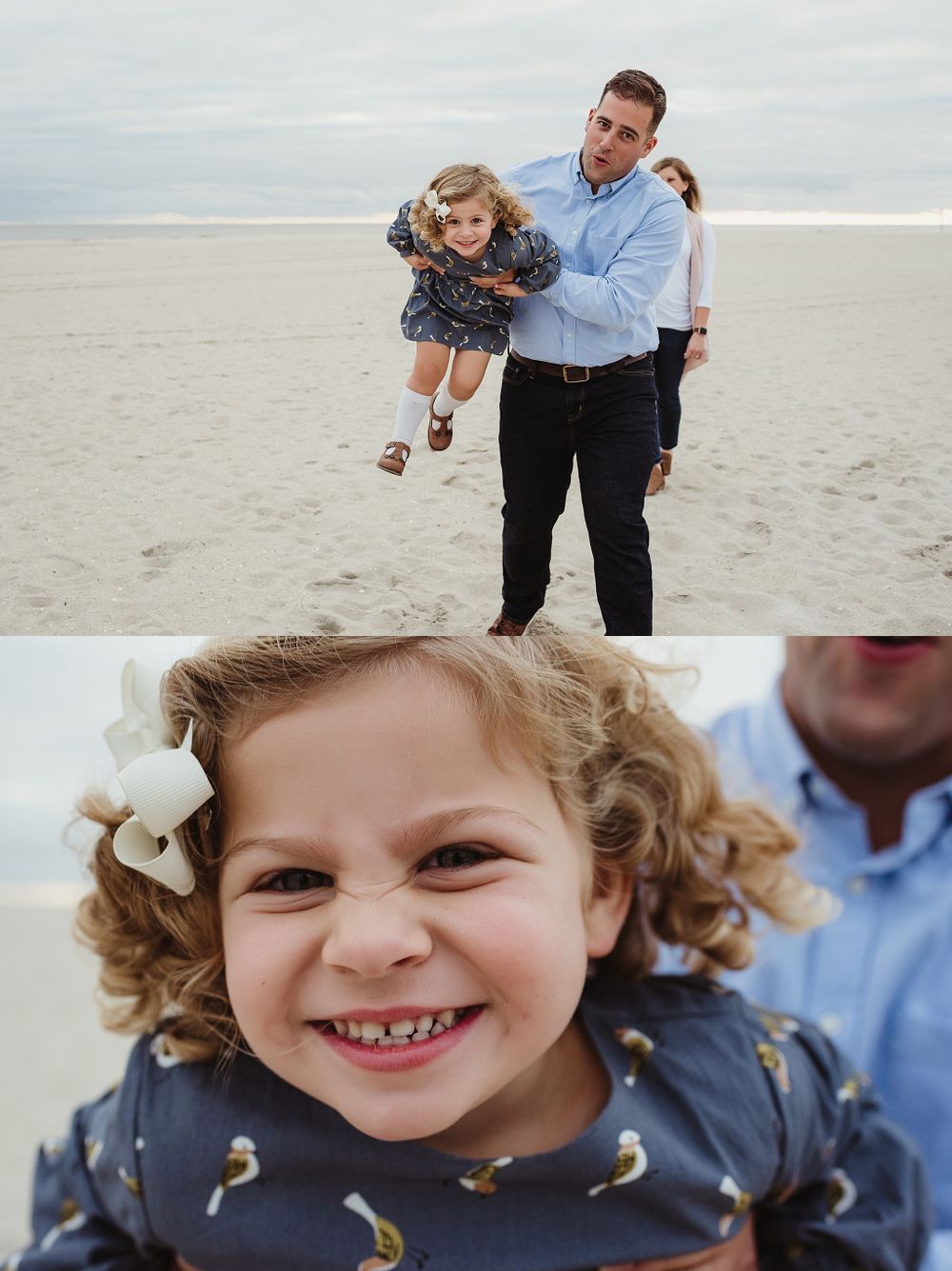 Playful beach portraits of family enjoying time together on overcast day.