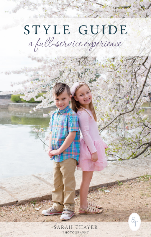 Style Guide cover for family photography, "a full-service experience" with two twins back to back by cherry blossoms