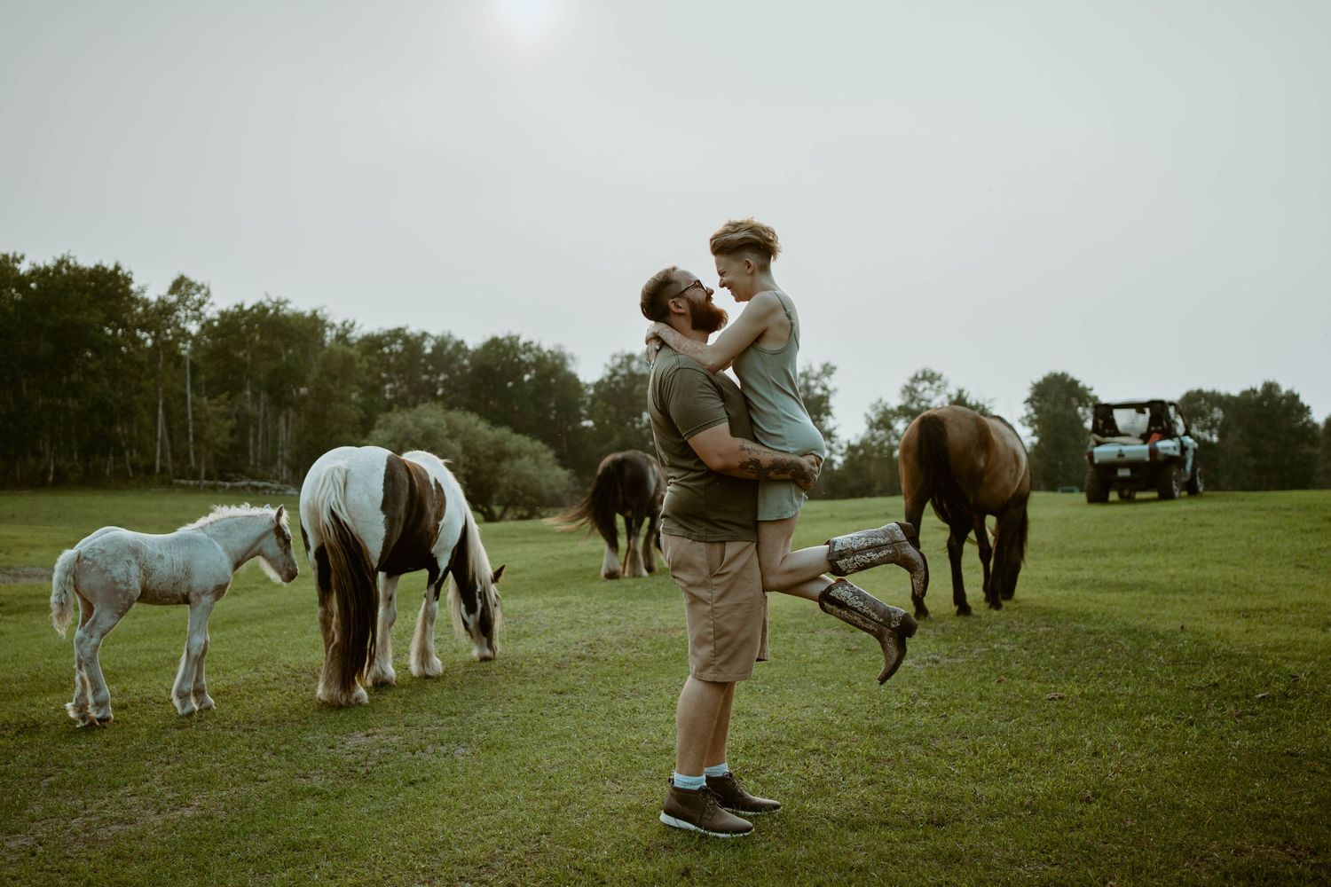Horses graze in a green field while someone holds a dog in their arms at sunset in Southern Alberta.