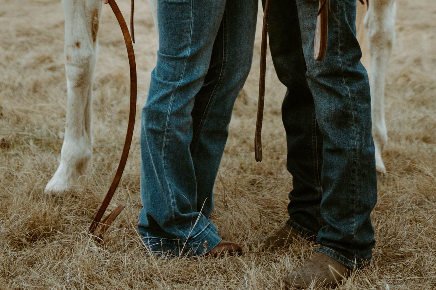 Close-up of denim jeans and boots next to a horse's legs in a field.