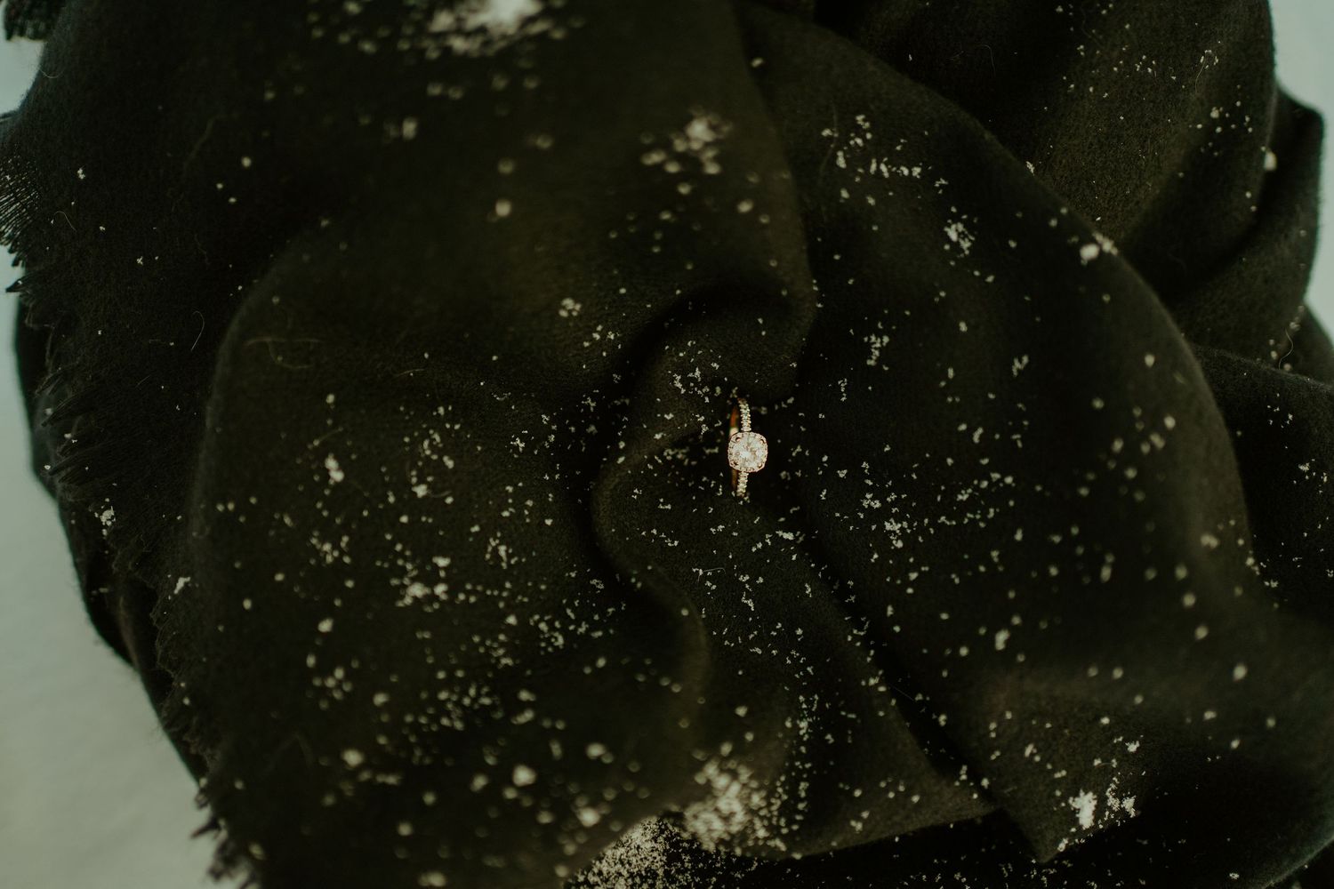 Snowflakes falling against a dark winter coat creating a sparkling effect.