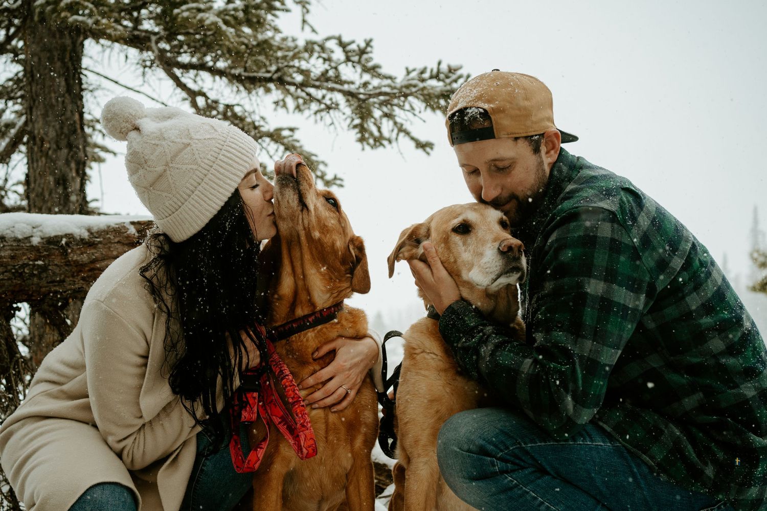 Couple sharing a tender moment with their dogs in a snowy forest setting.