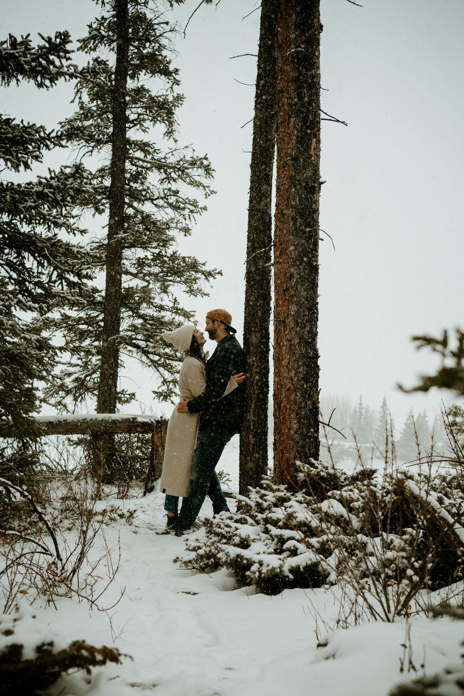 Couple embracing near tall pine trees in a snowy winter landscape.