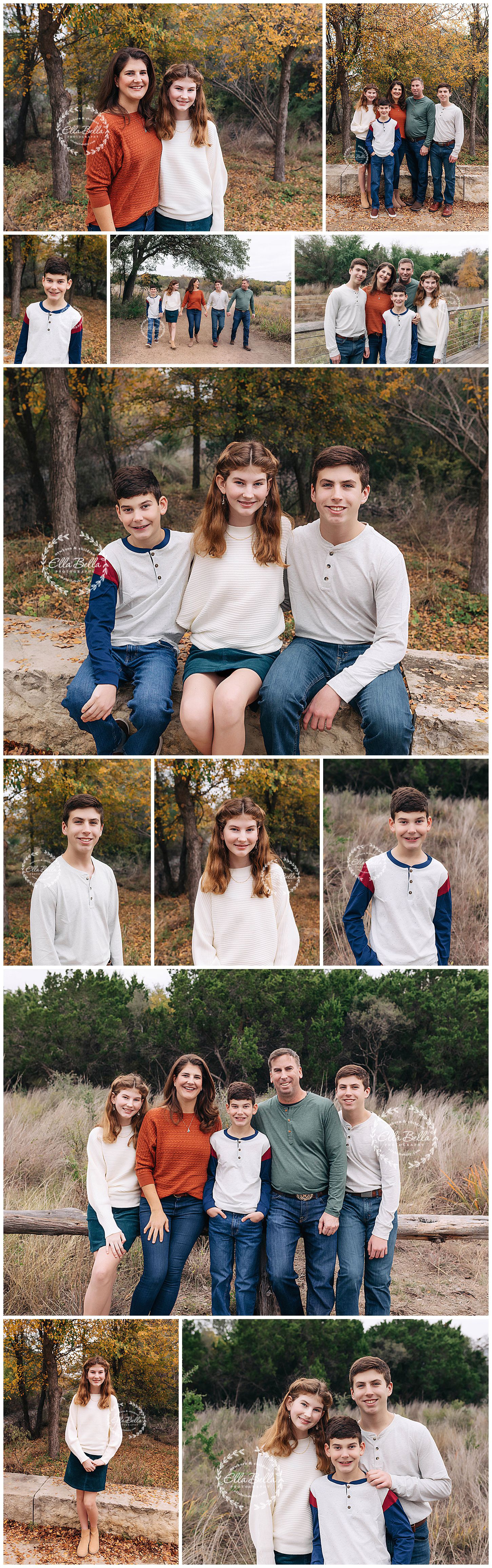 Collection of casual family portraits featuring coordinated outfits in outdoor autumn setting.