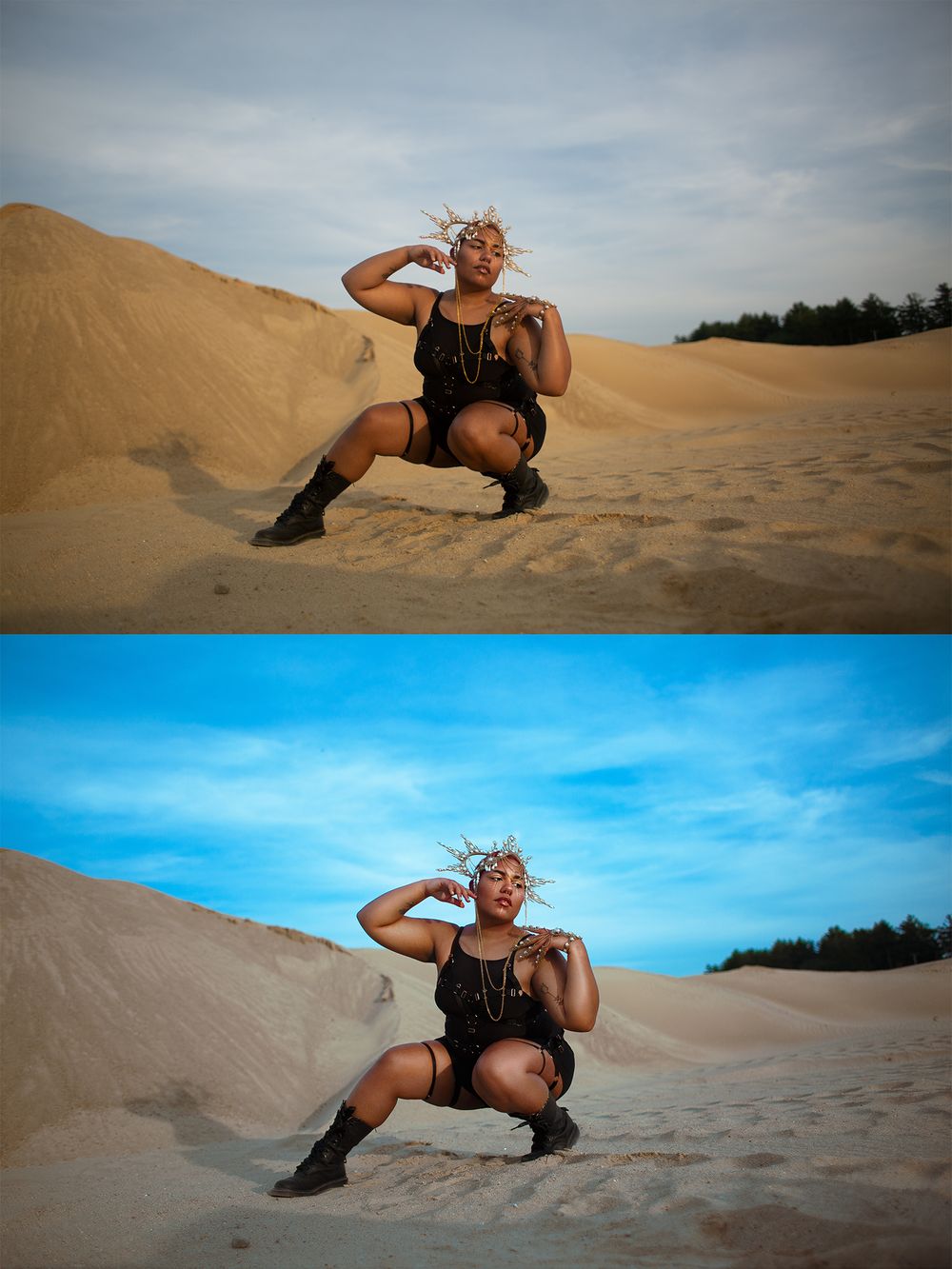 Dynamic photo series captured in sandy dunes against bright blue sky.