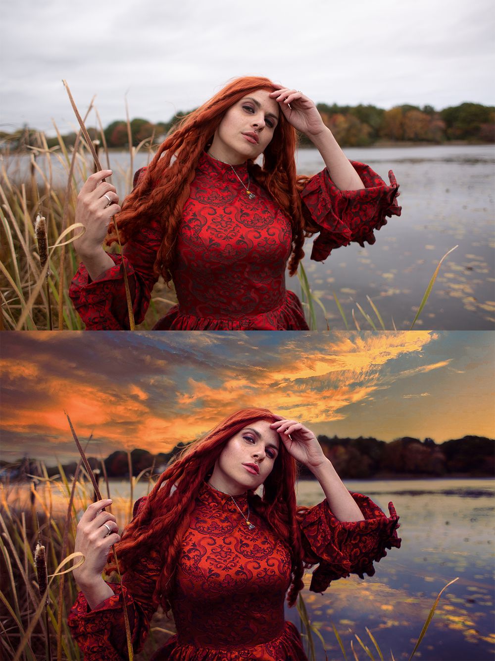 Romantic portraits in red lace dress by lake during golden sunset.
