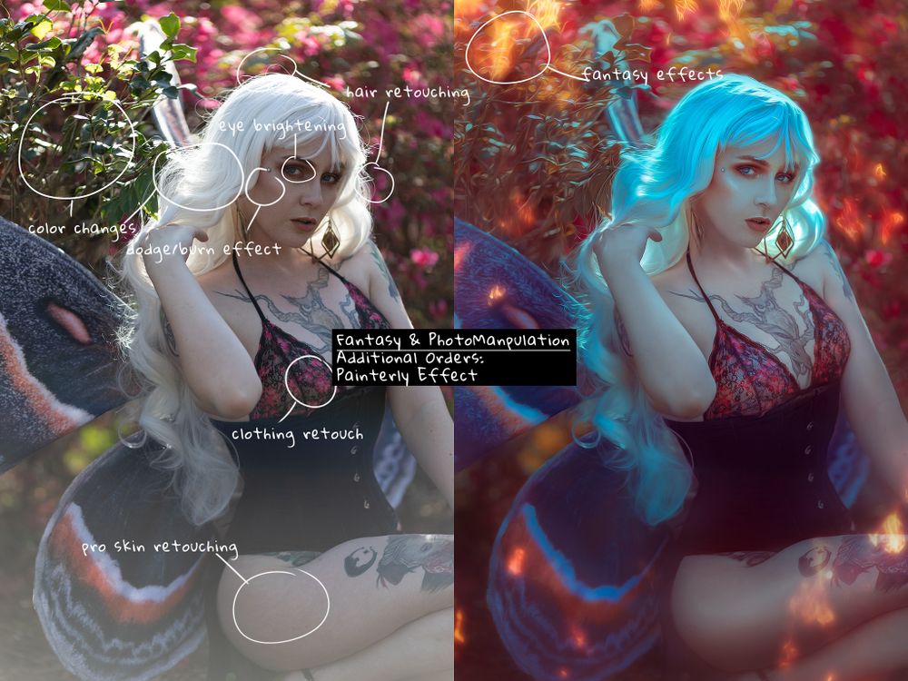 Artistic fantasy portrait with ethereal lighting effects and vibrant red and blue colors.