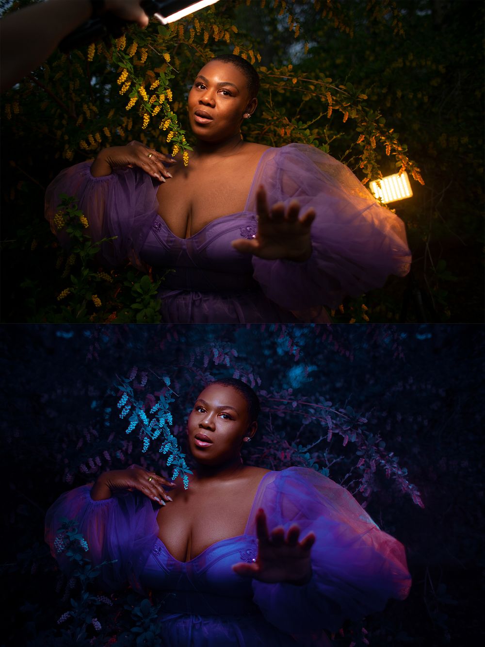 Artistic portraits in purple dress with dramatic lighting and foliage at dusk.