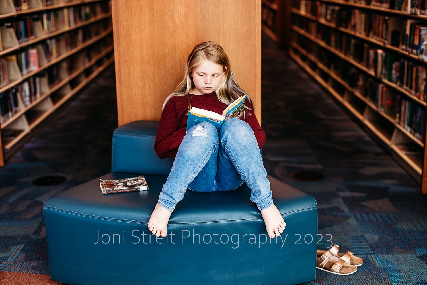 Reading nook with blue cushion between library shelves creates cozy study space.