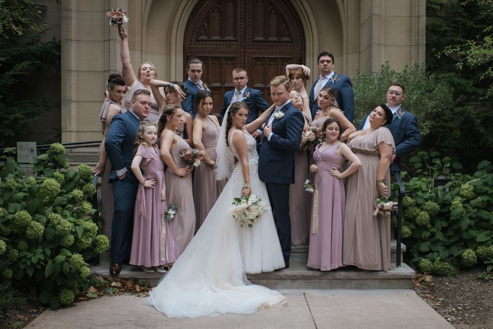 sassy bridal party pose in Cleveland Ohio Case Western Reserve University Harkness Chapel