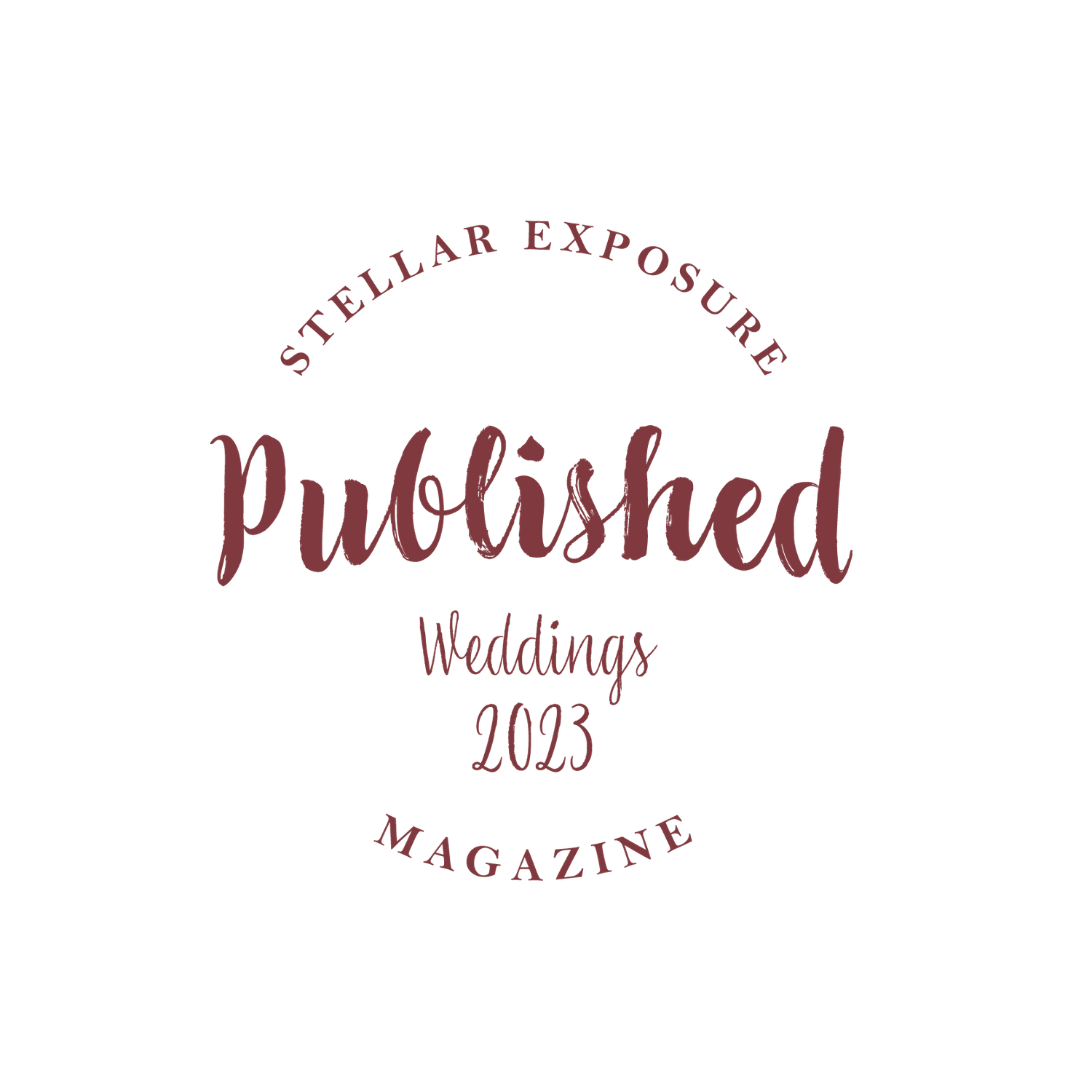 Red circular badge design for Published Magazine featuring 'Weddings 2023' text.