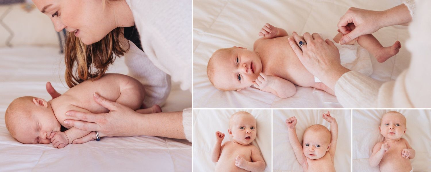 Gentle hands cradle a sleeping infant on white bedding in a series of tender newborn portraits.