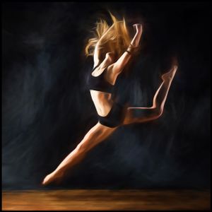 Dynamic dancer in black athletic wear leaps gracefully through smoky darkness on wooden stage.
