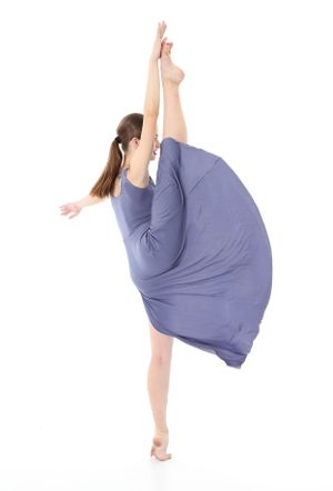 Contemporary dancer in flowing purple dress executing graceful leg extension.