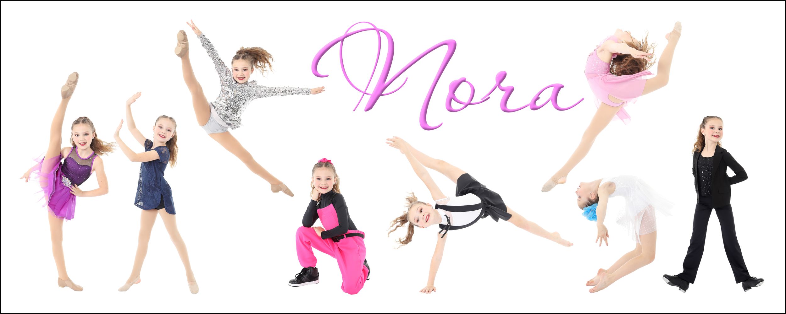 Multiple dance poses showing flexibility and movement in colorful costumes on white background.