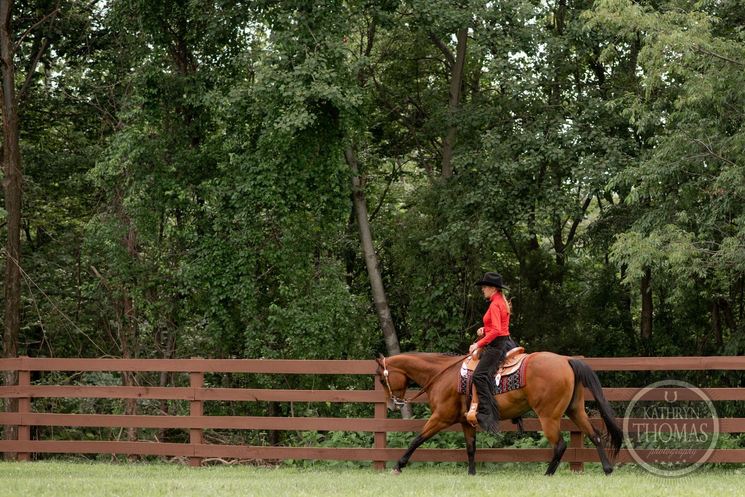 A rider in red rides a brown horse along a wooden fence surrounded by lush green trees.