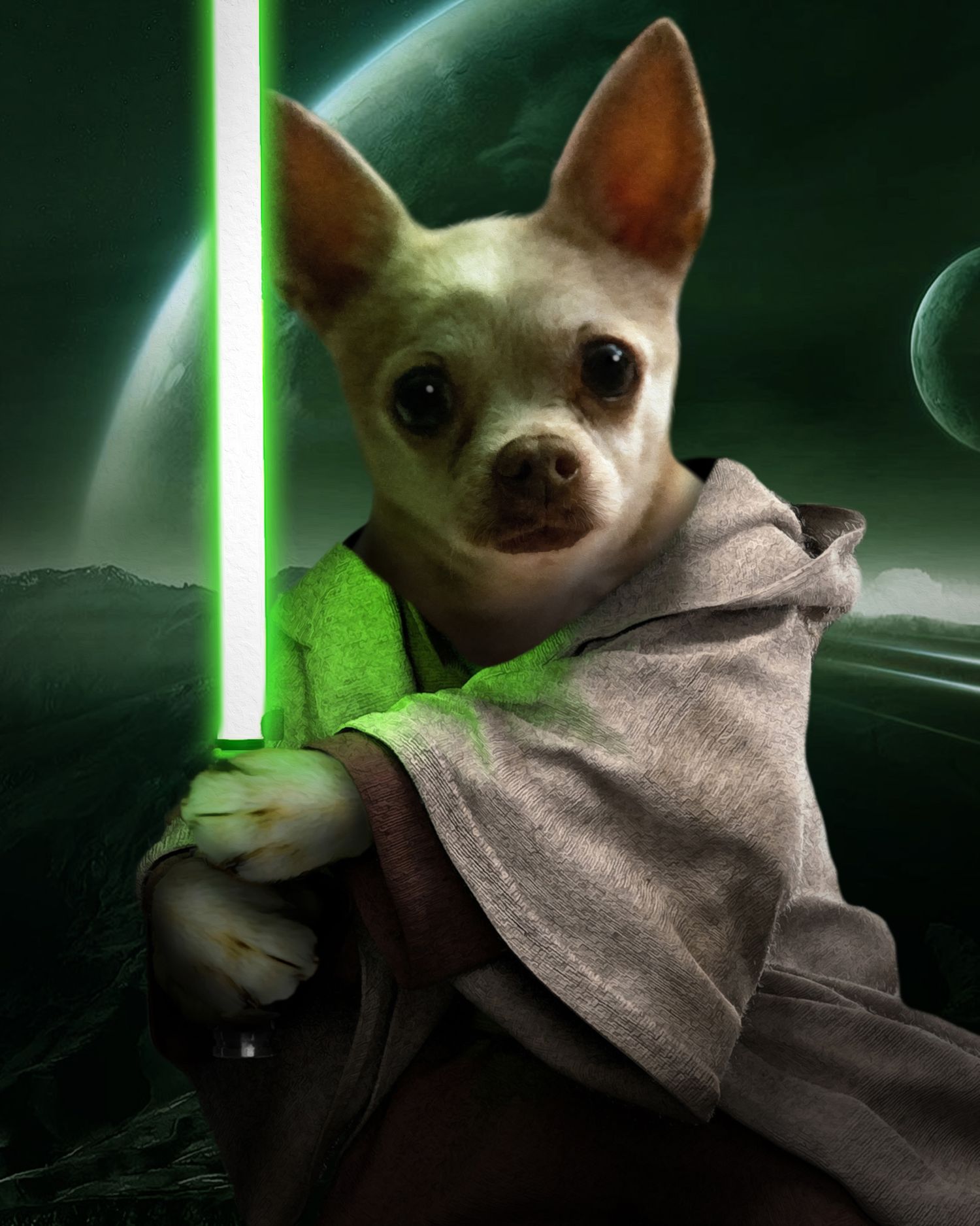 Chihuahua dog dressed as Jedi with green lightsaber against dark background.