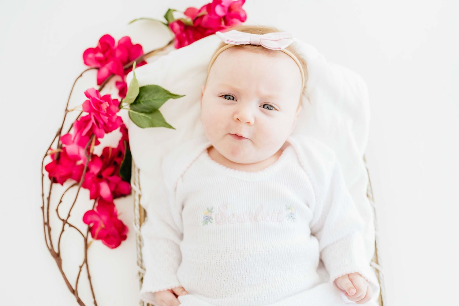 three month old baby girl taking milestone baby portraits next to pink flowers in houston
