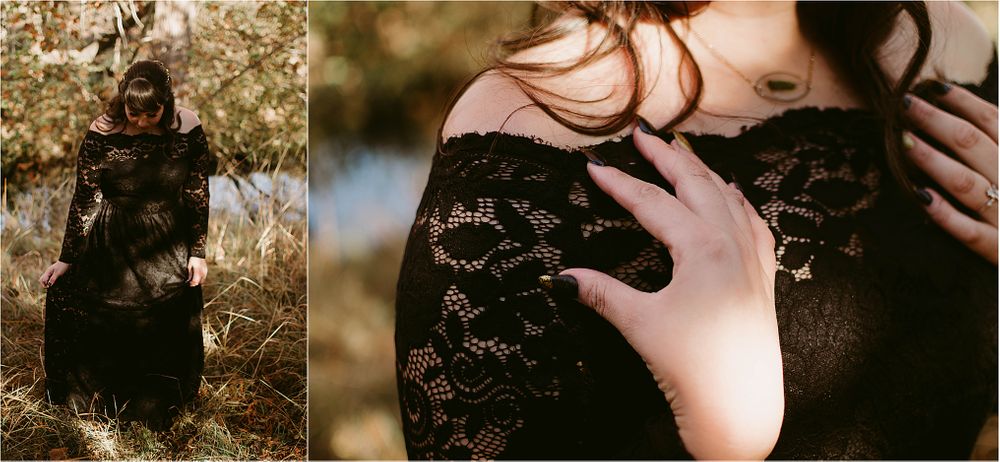 Close-up details of intricate black lace dress against ethereal autumn backdrop.