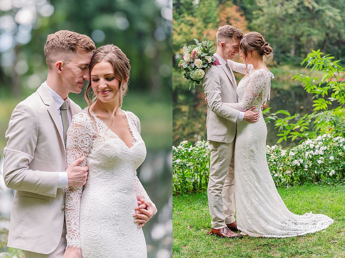 Bride and groom snuggle close for wedding portraits