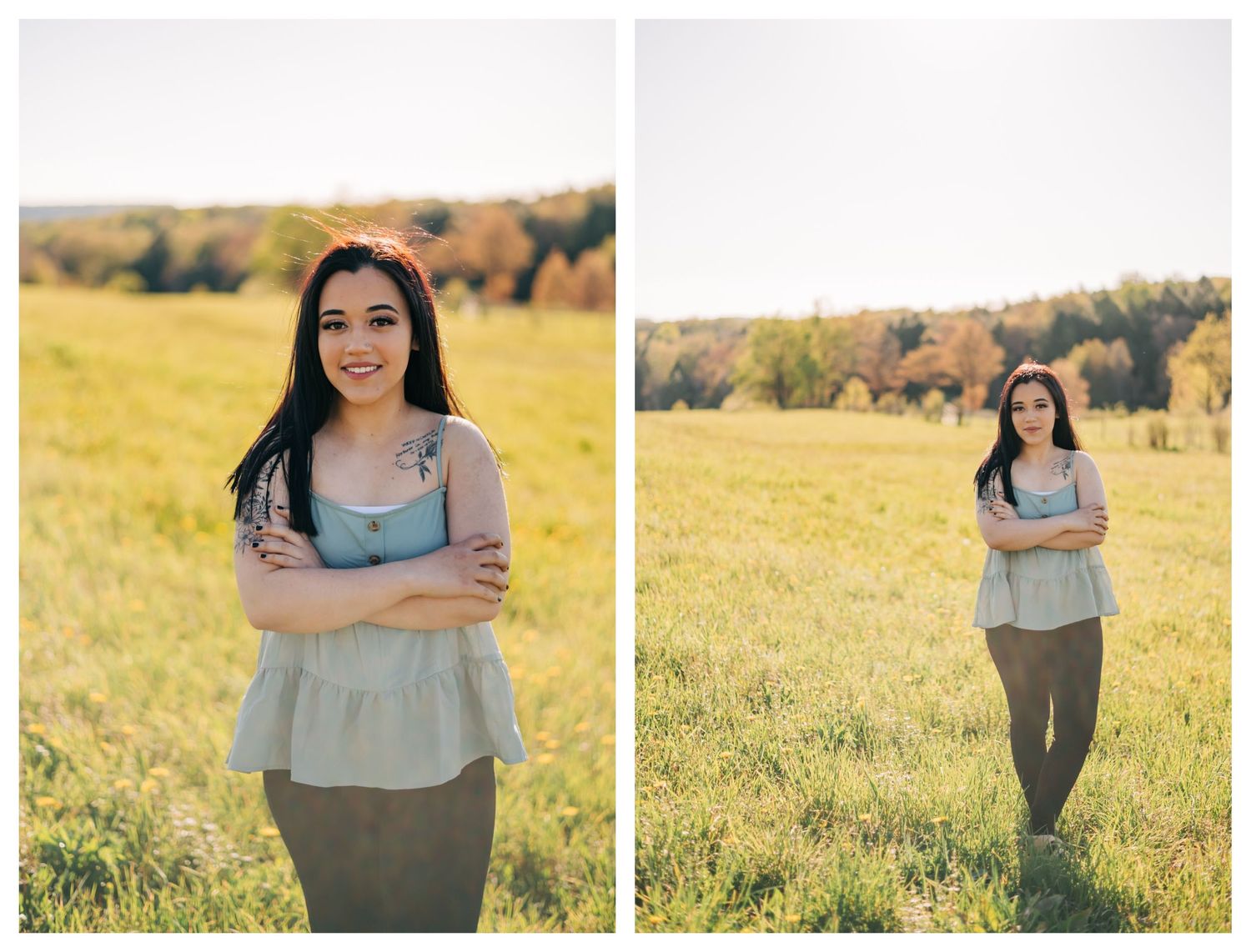 high school senior wearing a blue tank top standing in a hay field at sunset