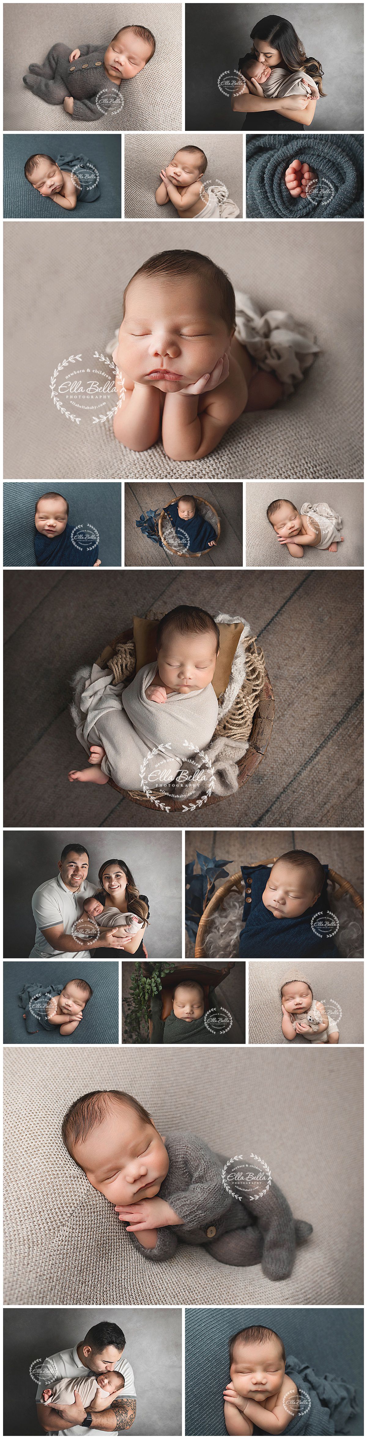 Professional newborn photo collection with neutral tones and intimate family portraits.