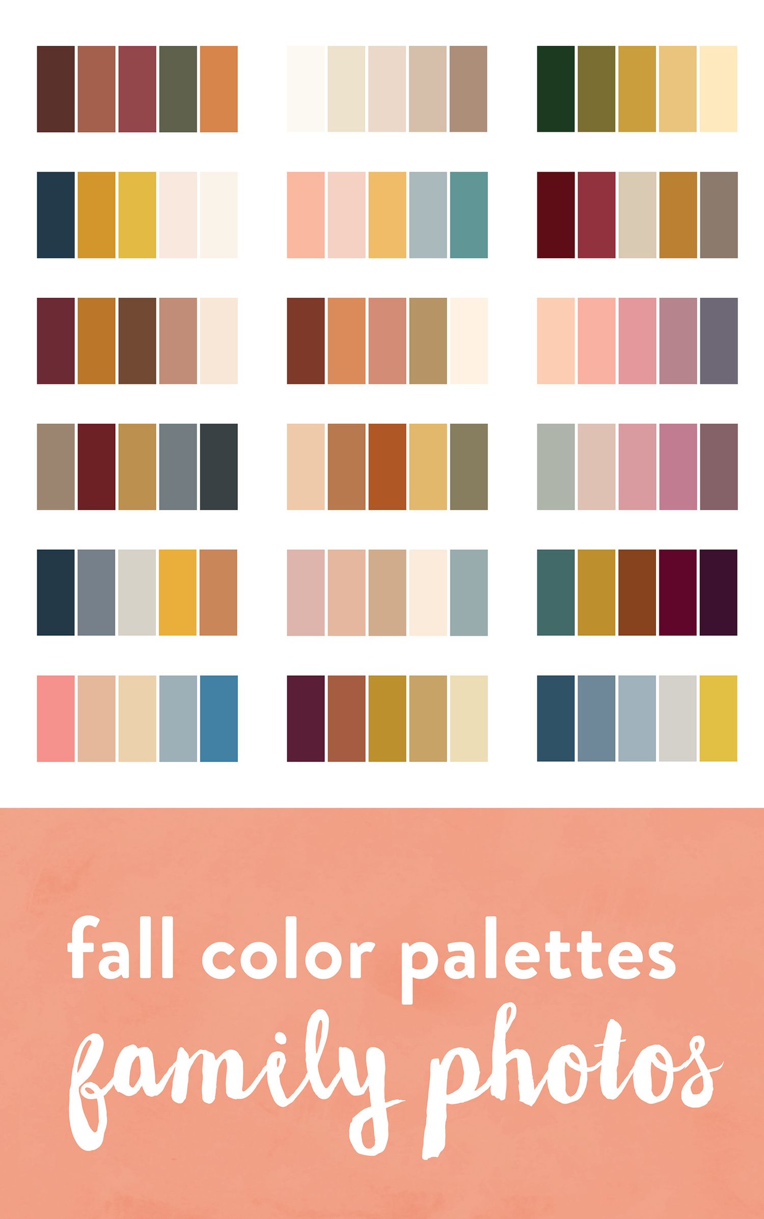 Collection of color palettes for fall family photos featuring warm and muted seasonal combinations.