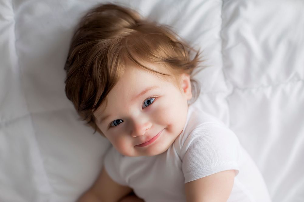6 month old baby boy laying on back with white blanket smiling up at the camera.