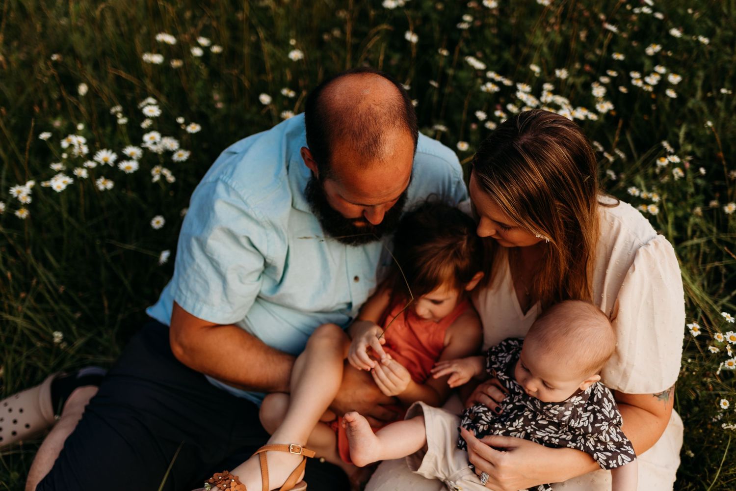 Family sitting in wildflower field sharing intimate moment with their children.