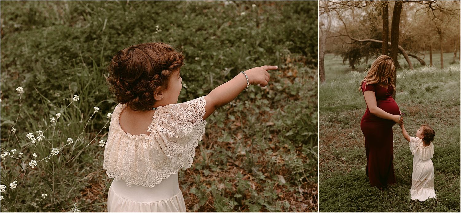 Dreamy springtime portrait of a child and parent standing among blooming wildflowers in a meadow.